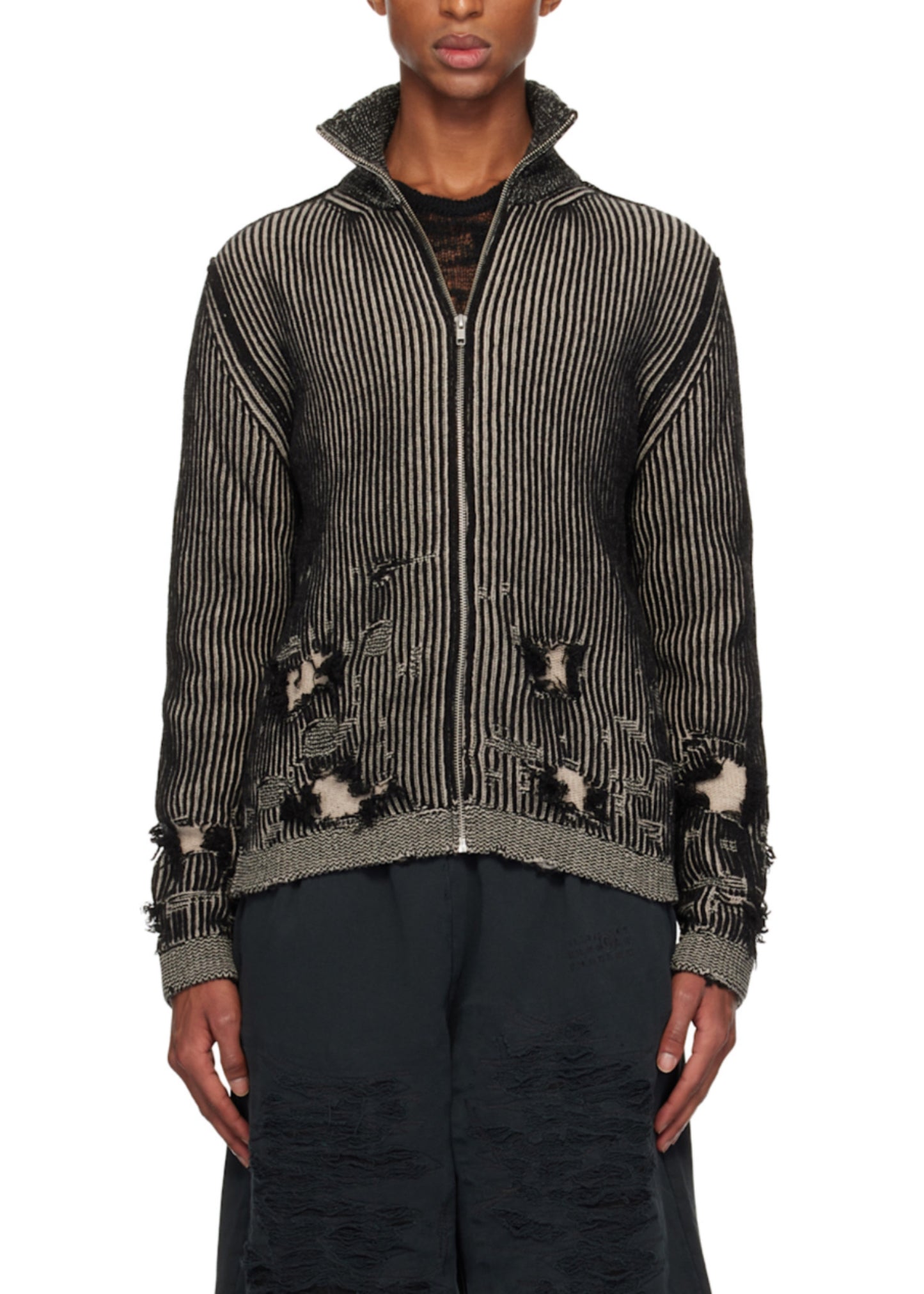 Distressed Rib-knit Zip-front Cardigan