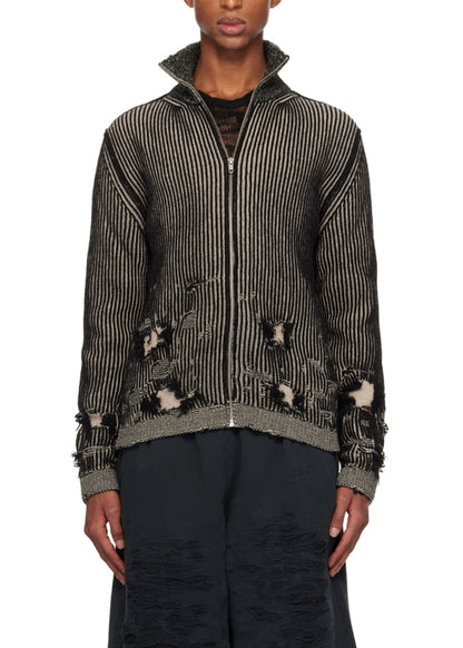 Distressed Rib-knit Zip-front Cardigan
