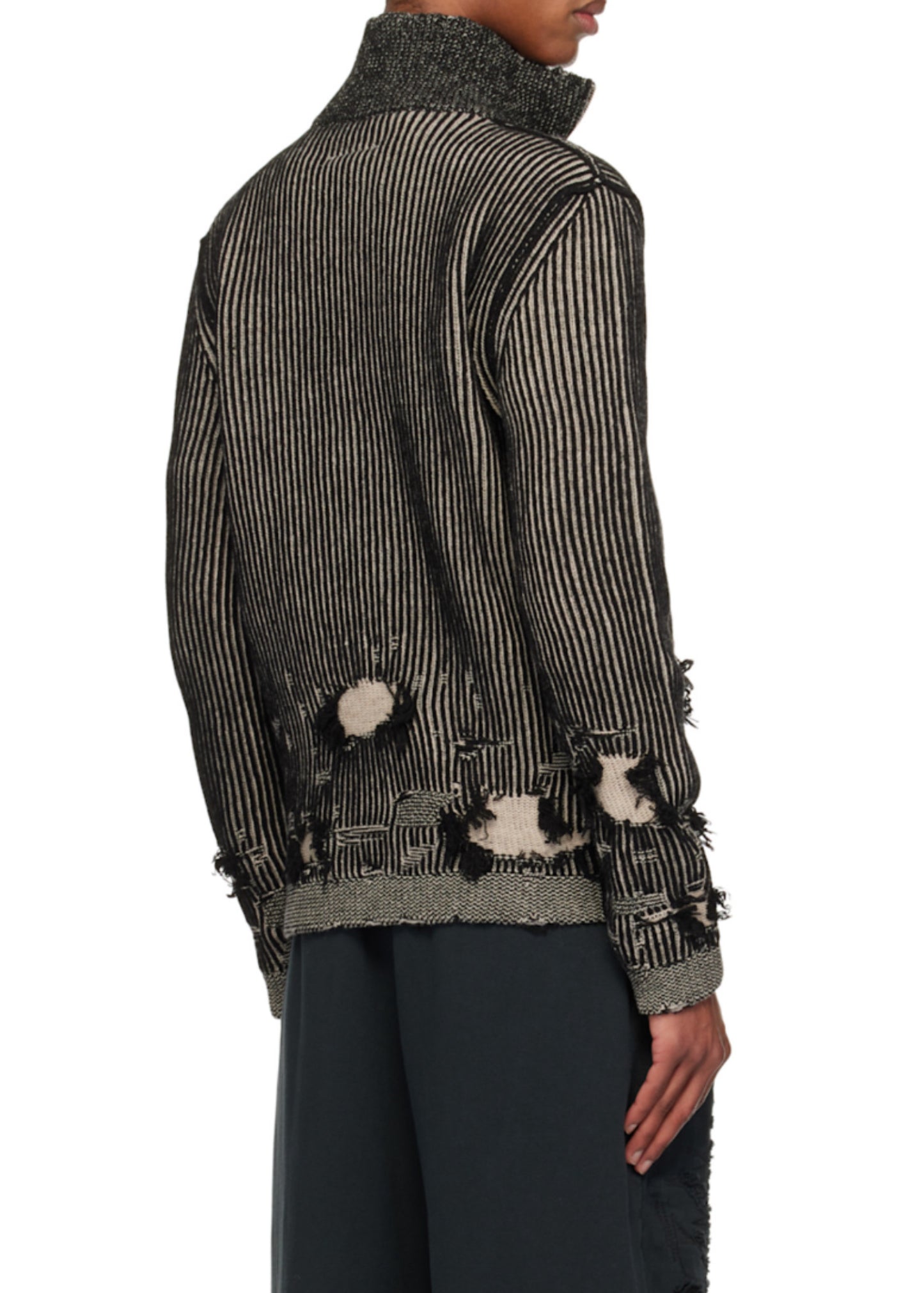 Distressed Rib-knit Zip-front Cardigan