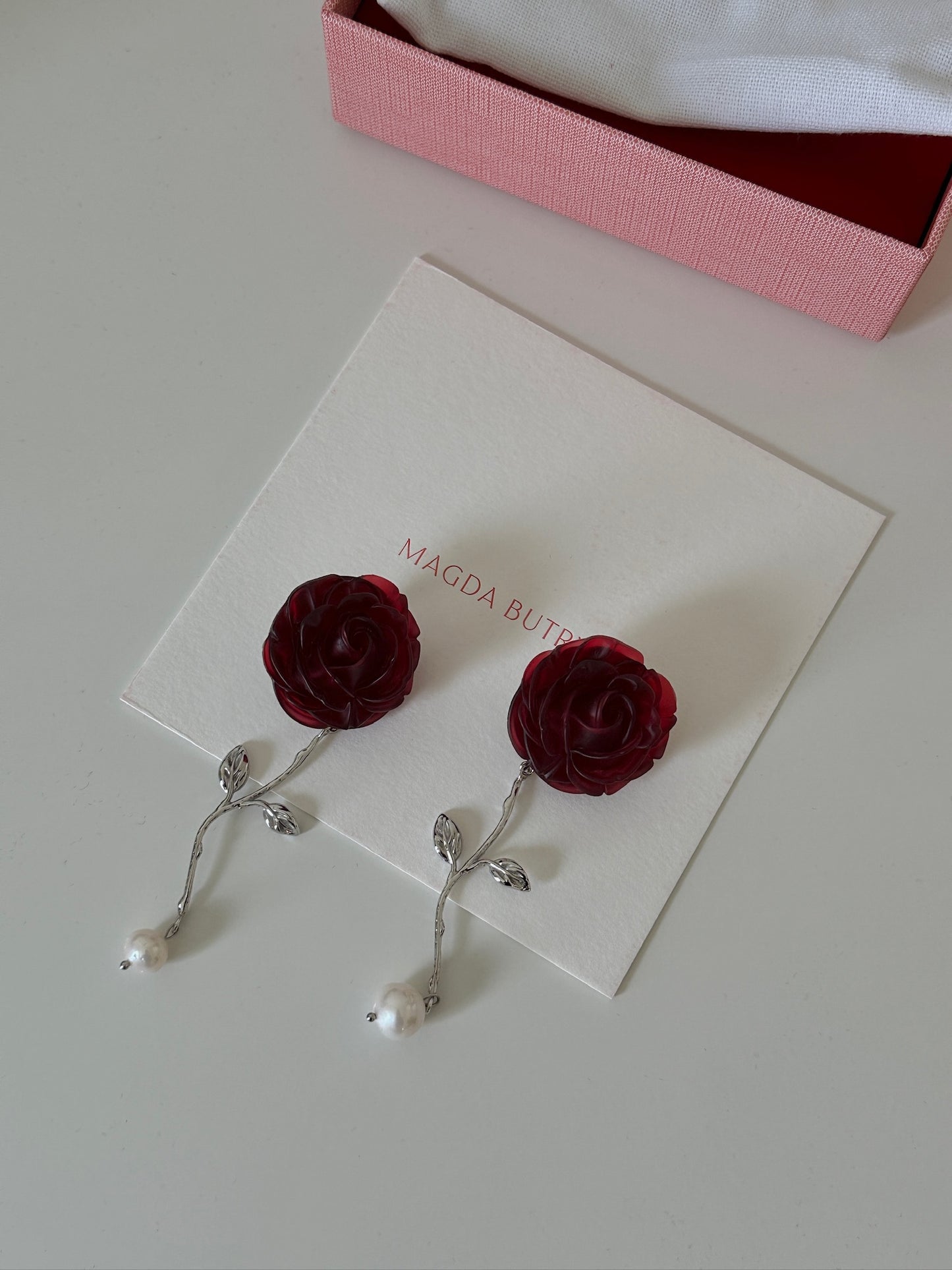Red Rose Stem Earrings With Pearl Drop