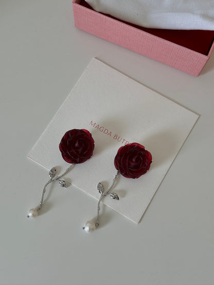 Red Rose Stem Earrings With Pearl Drop