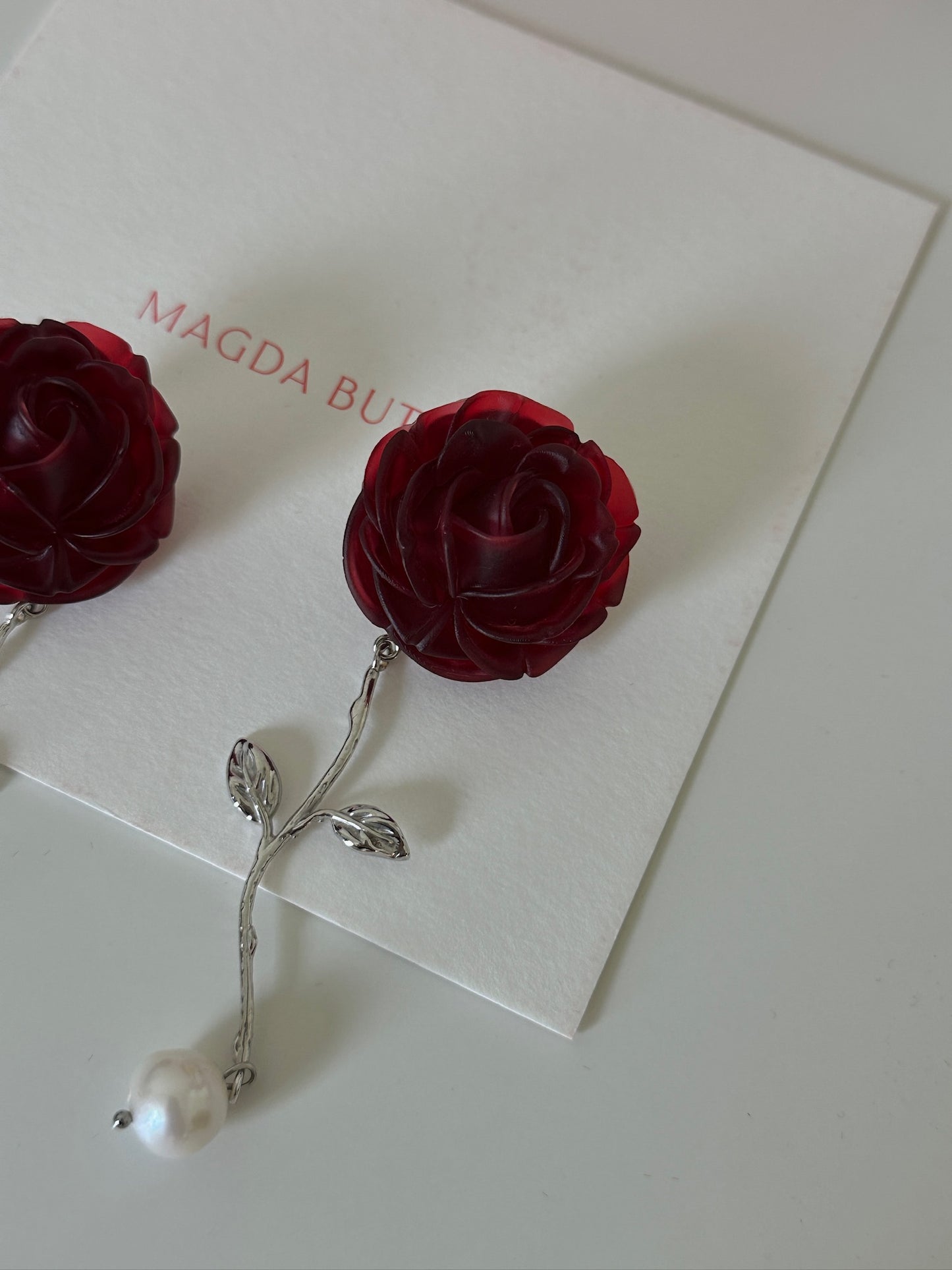 Red Rose Stem Earrings With Pearl Drop