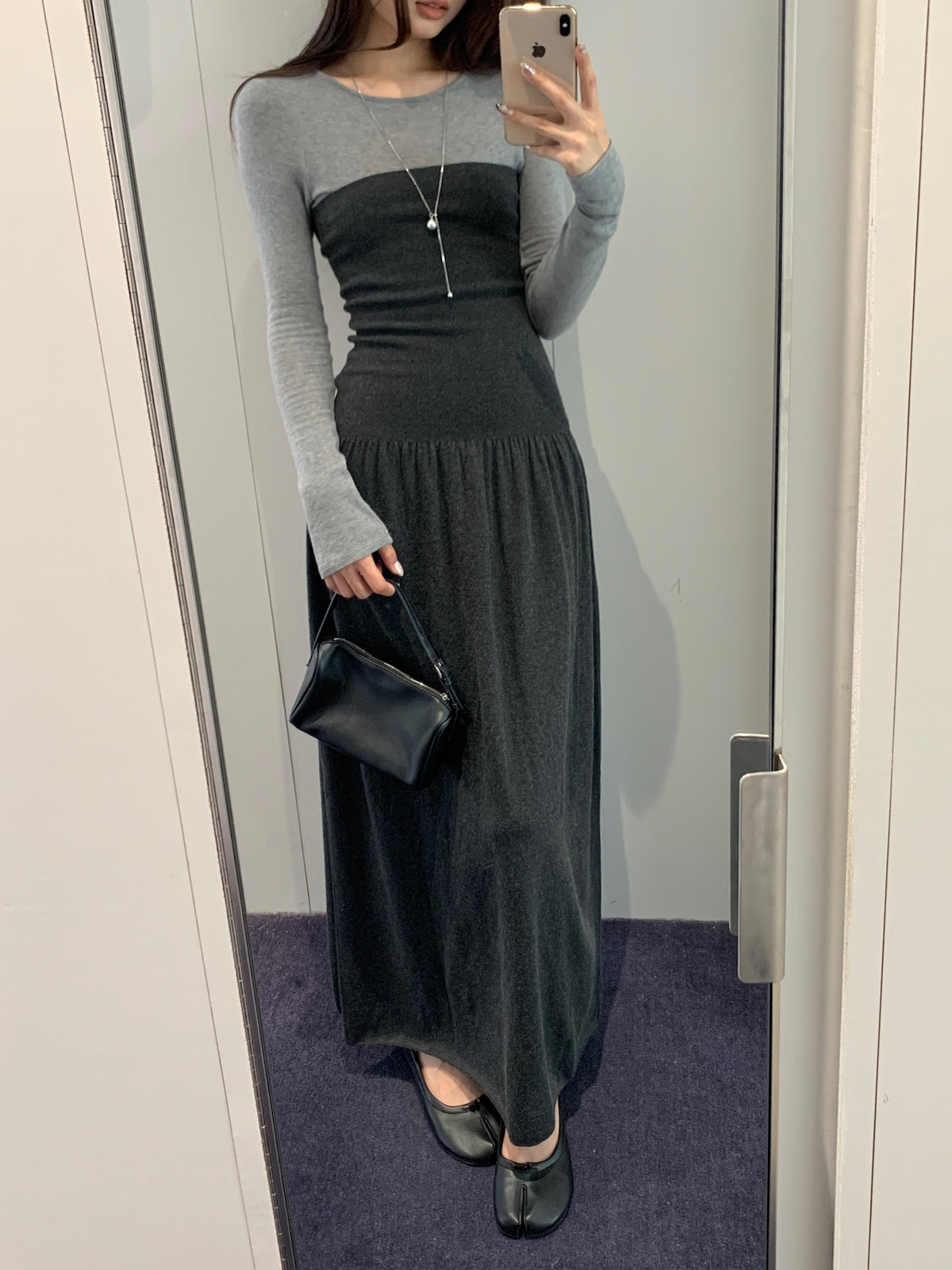 Ribbed Shirring Knit Maxi Dress