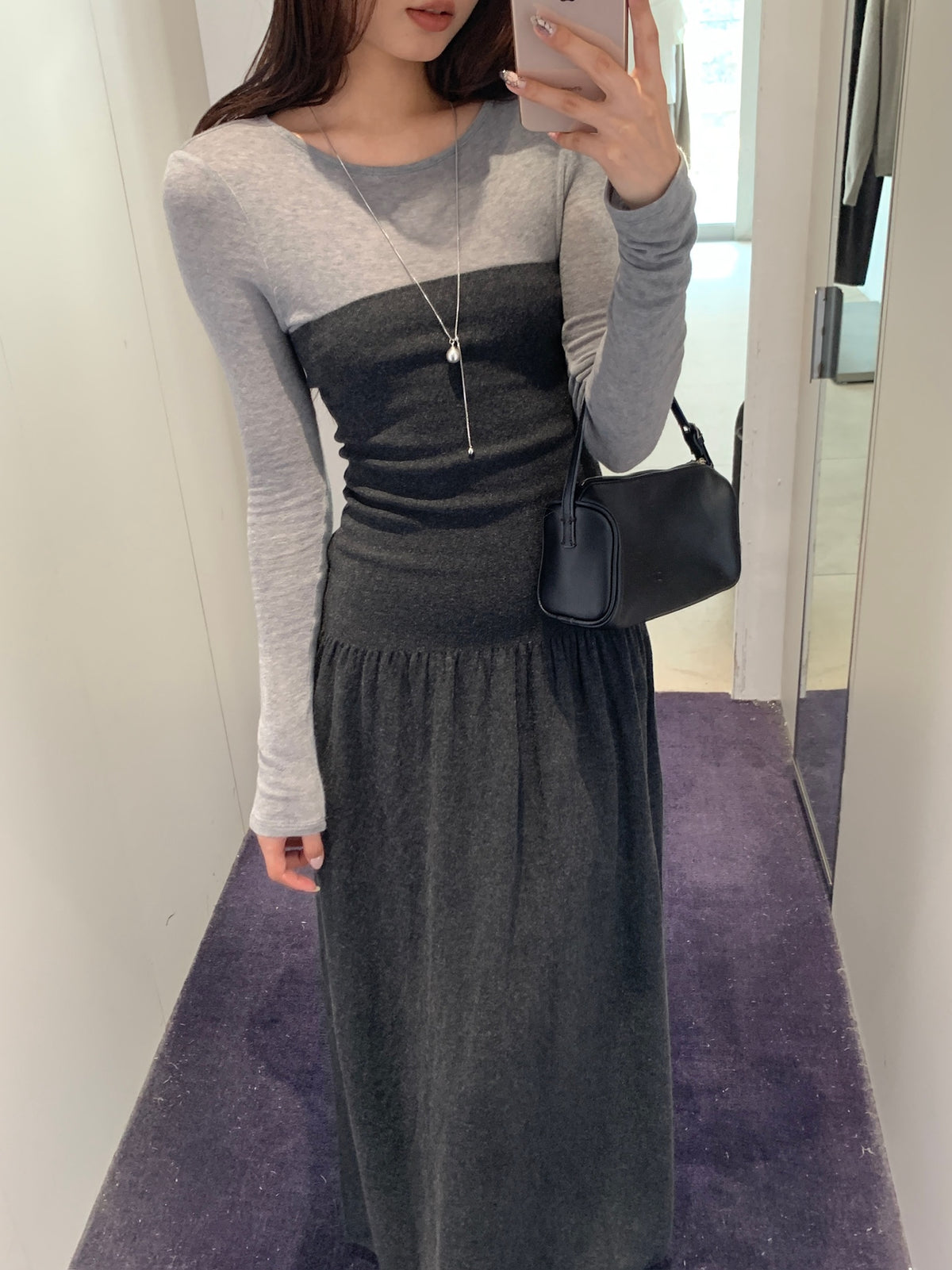 Ribbed Shirring Knit Maxi Dress
