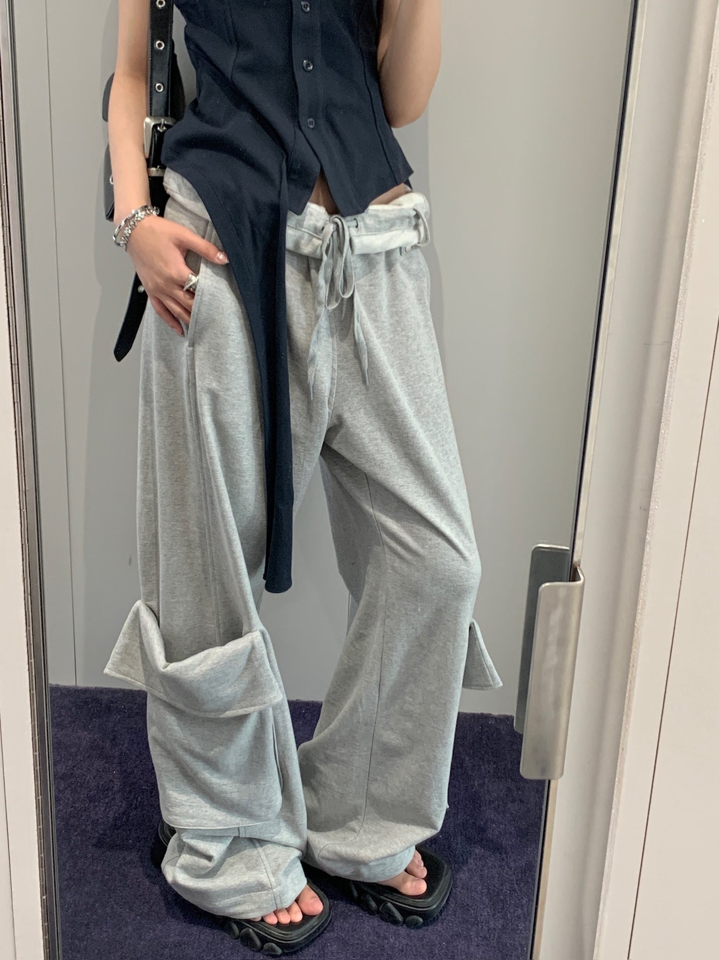 Rolled Waist Sweat Cargo Pants