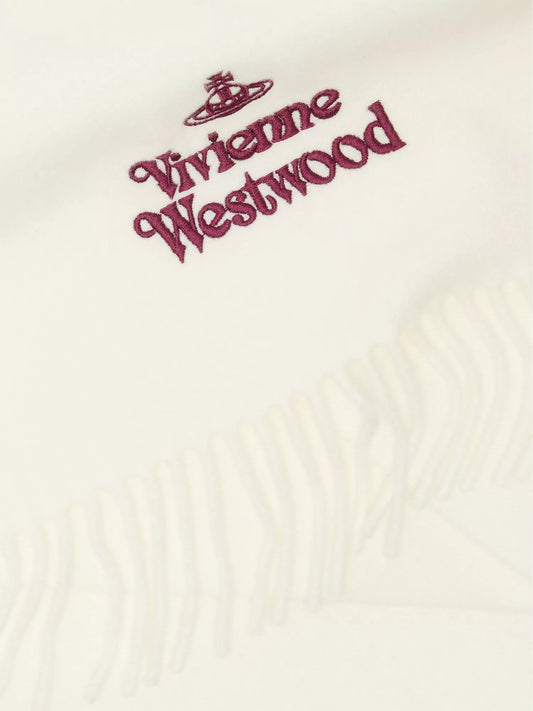 Embroidered Logo Fringed Wool Scarf