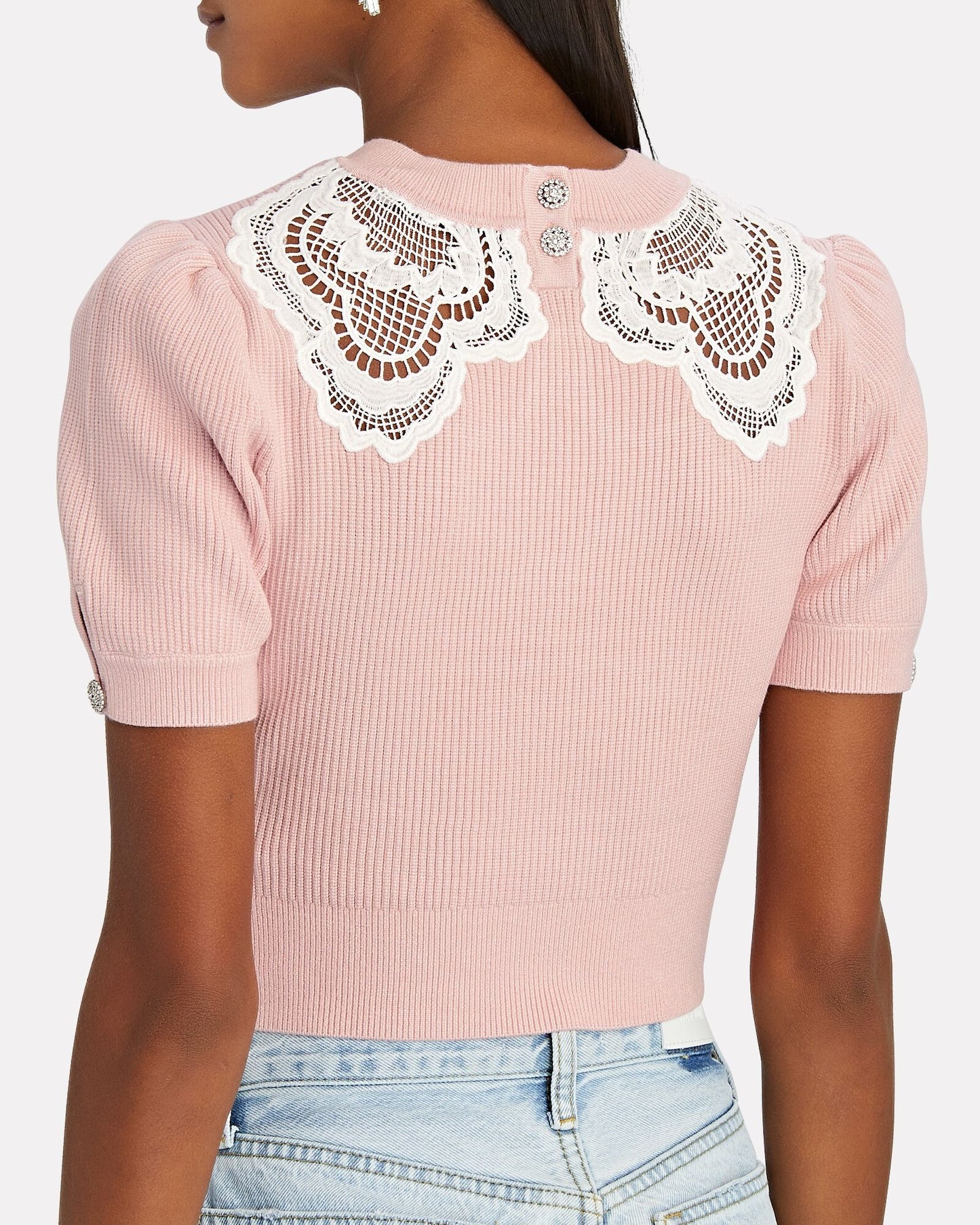 Guipure Lace-Trimmed Rib Knit Top