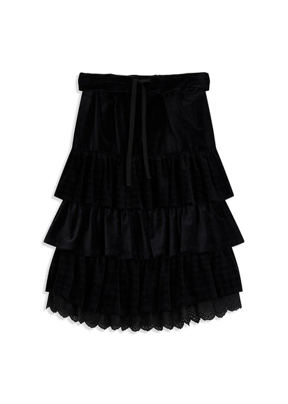 Velvet Rolled Waist Tiered Skirt