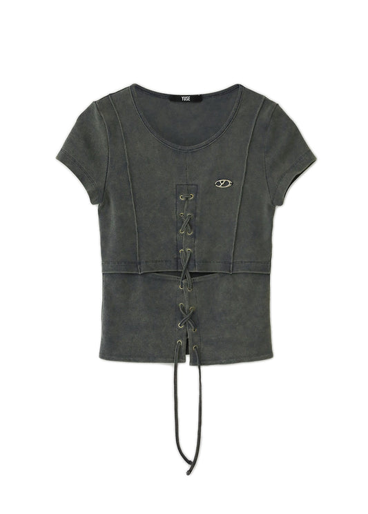 Cut Out Lace-up Washing Half Sleeve Top