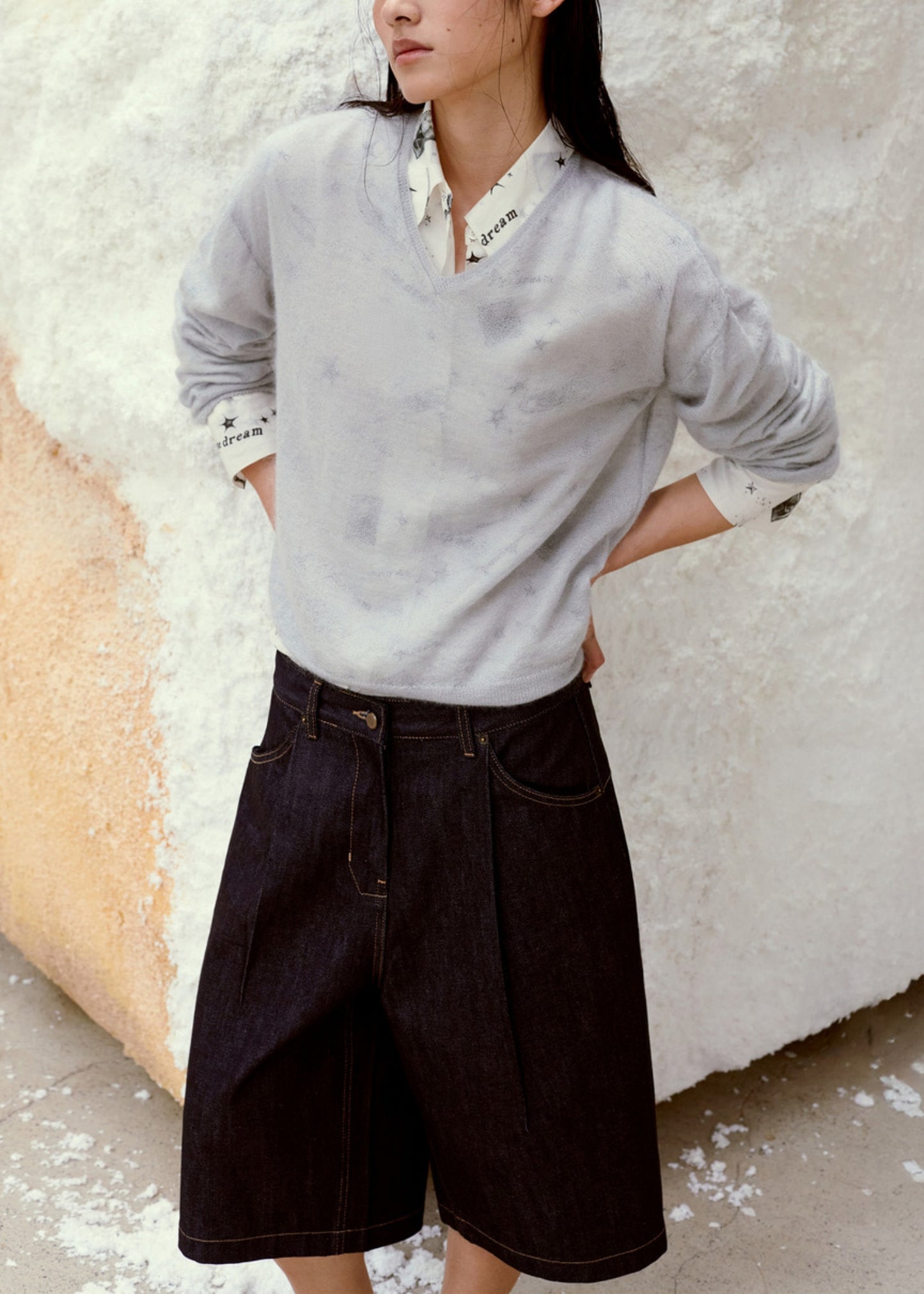 See-Through V-Neck Knit Pullover