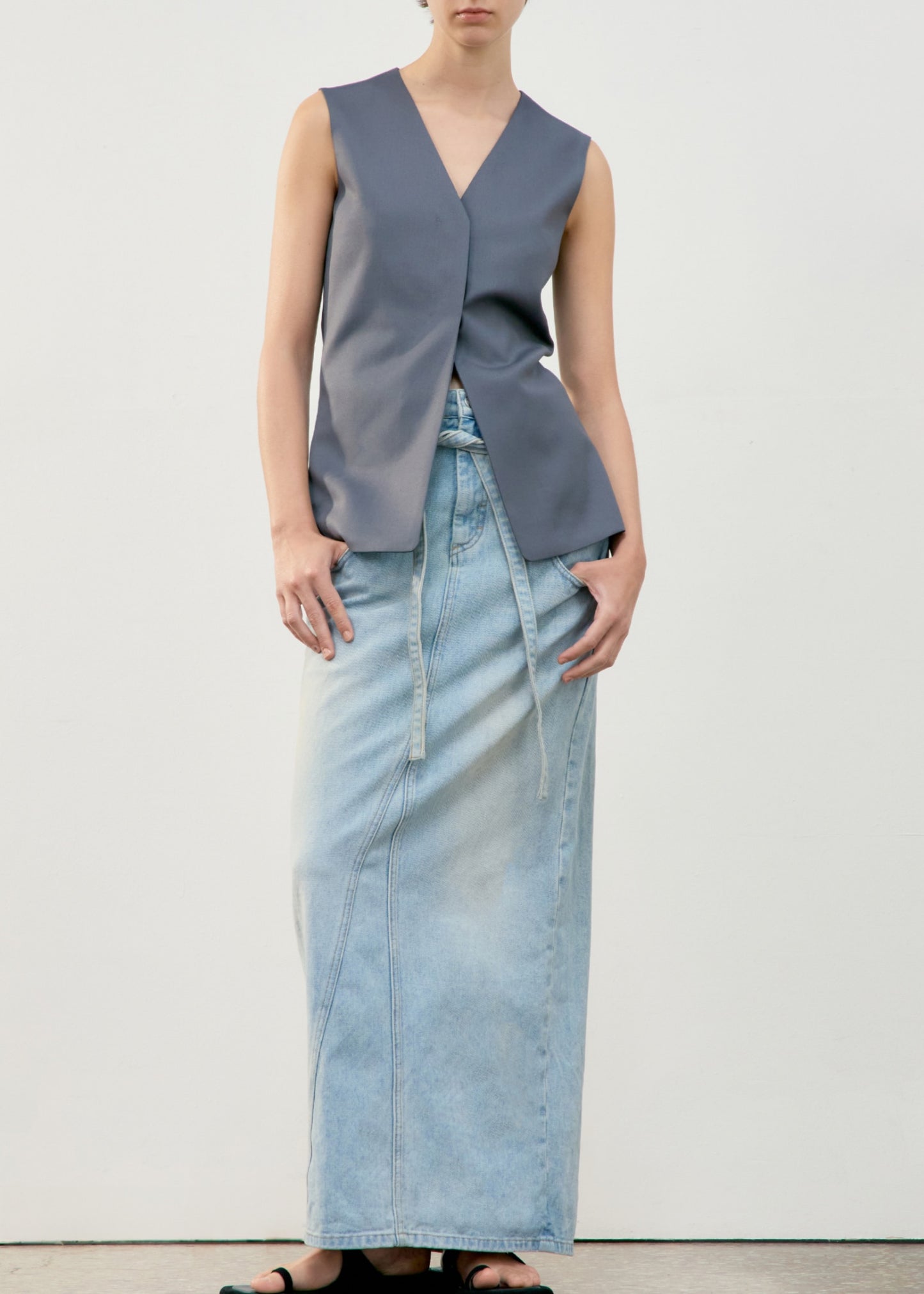 Belted High Waist Denim Skirt