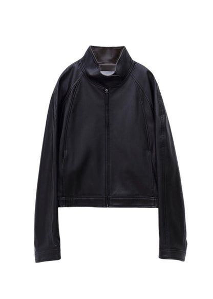 Stand Collar Artificial Leather Jumper