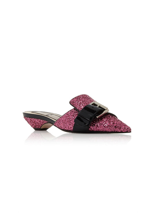 Fucsia Glitter Buckled Mules