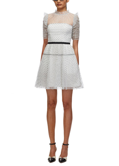 Dot Mesh Pleated Skirt Mini Dress